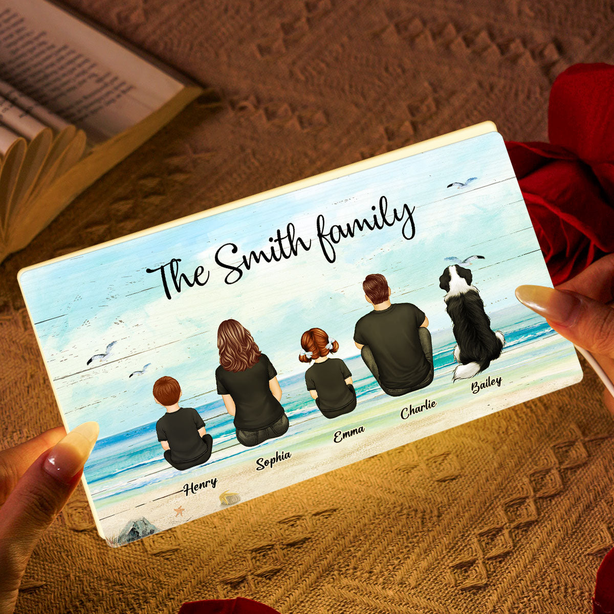 Family Sitting Back View Retro Vintage Beach Landscape Personalized Light Box, Unique Gift, Father's Day Gift