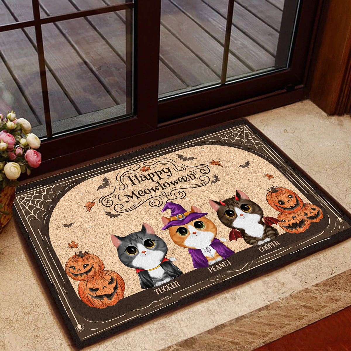Halloween Pumpkin Watercolor Cute Cats Personalized Doormat