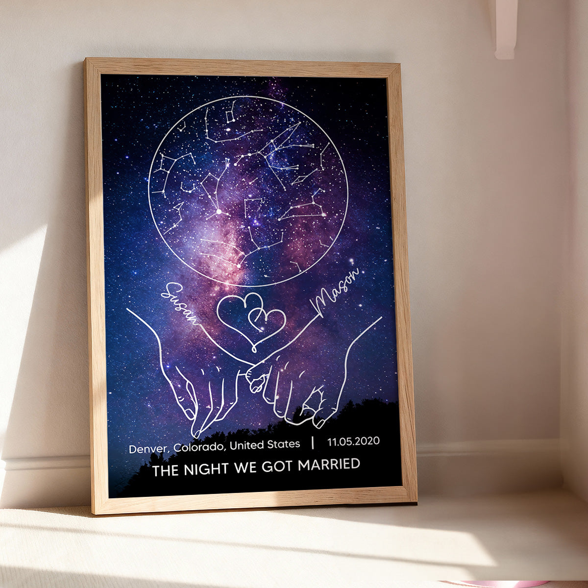 Couple Holding Hands Line Art Custom Star Map Anniversary Date - Personalized Poster - Valentine's Day Gift For Couple