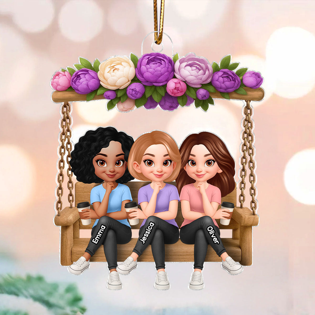 Christmas Besties Sisters On Flower Swing - Personalized Acrylic Ornament