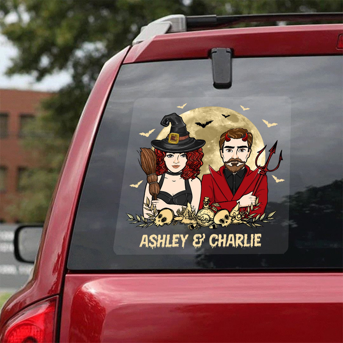 Halloween Couple Witch And Devil Personalized Decal, Halloween Decor