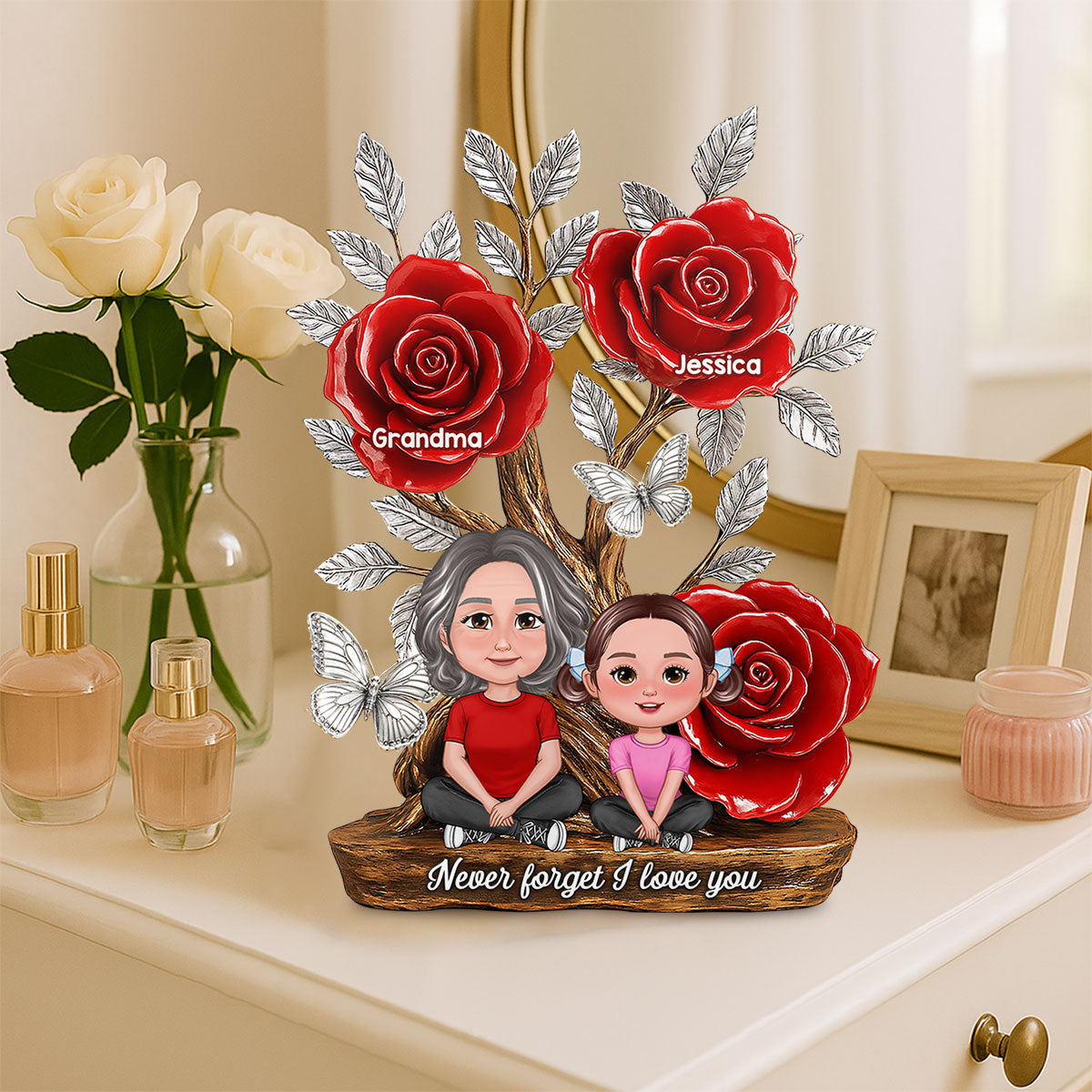Mom Grandma & Kids Sitting Under Tree With Roses Personalized Acrylic Block Plaque