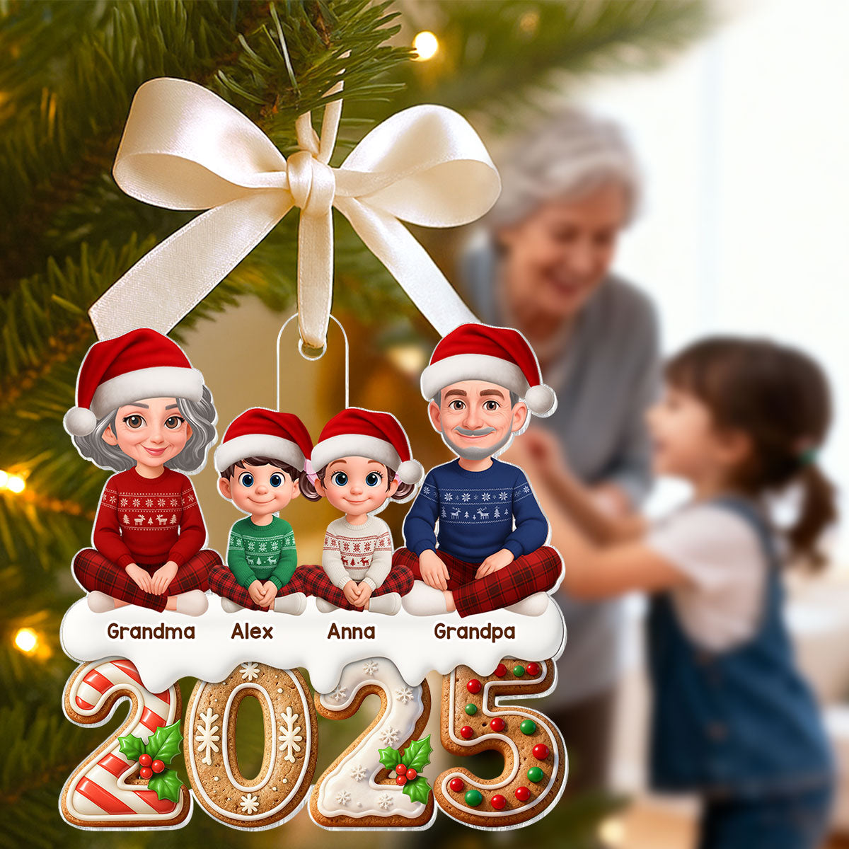 3D Effect Gingerbread Pattern Beautiful Grandma Grandpa Grandkids Together Christmas - Personalized Acrylic Ornament