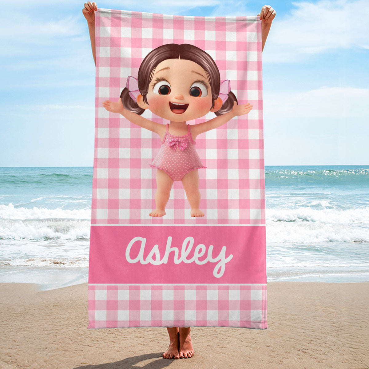 Cartoon Cute Kid Personalized Beach Towel, Pool Party Towel, Summer Camp Towel for Kids