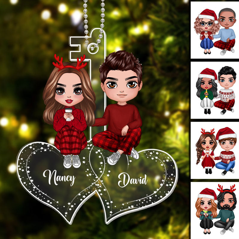 Couple Sitting On Hearts Personalized Christmas Acrylic Ornament