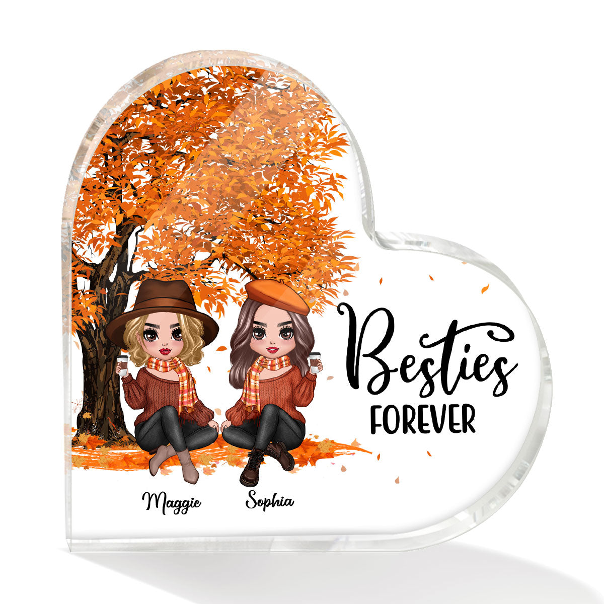 Fall Season Doll Besties Sitting Personalized Acrylic Heart Plaque