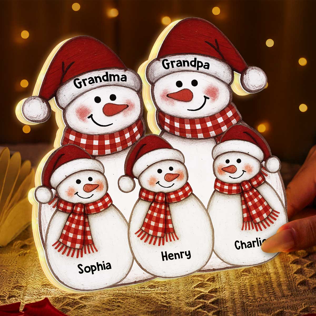Folk Art Cute Snowman Grandma Grandpa & Grandkid - Personalized Light Box - Christmas Decor For Grandparents