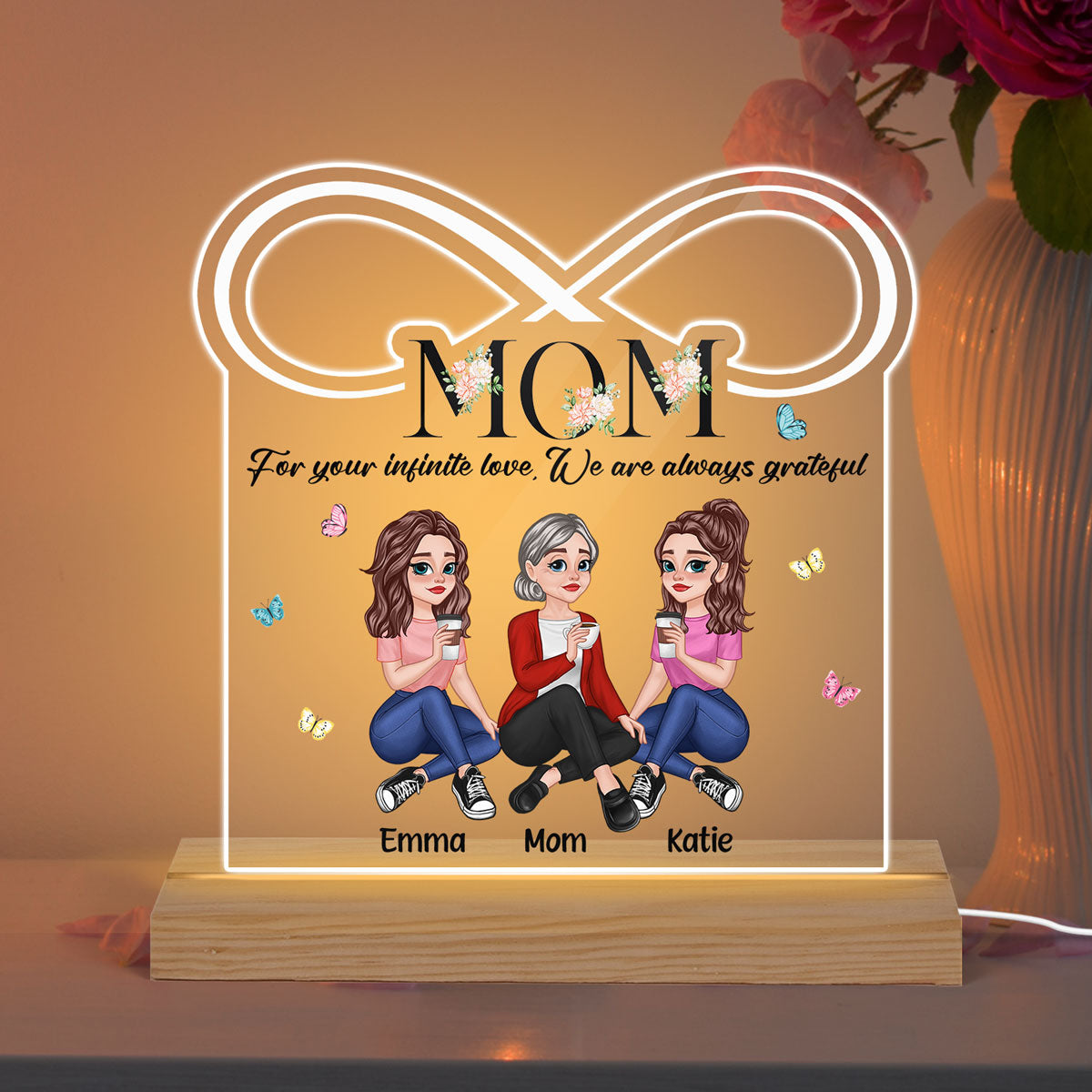 For Your Infinite Love Pretty Cartoon Mom Daughters Sitting Floral Custom Shape Acrylic Plaque LED Night Light