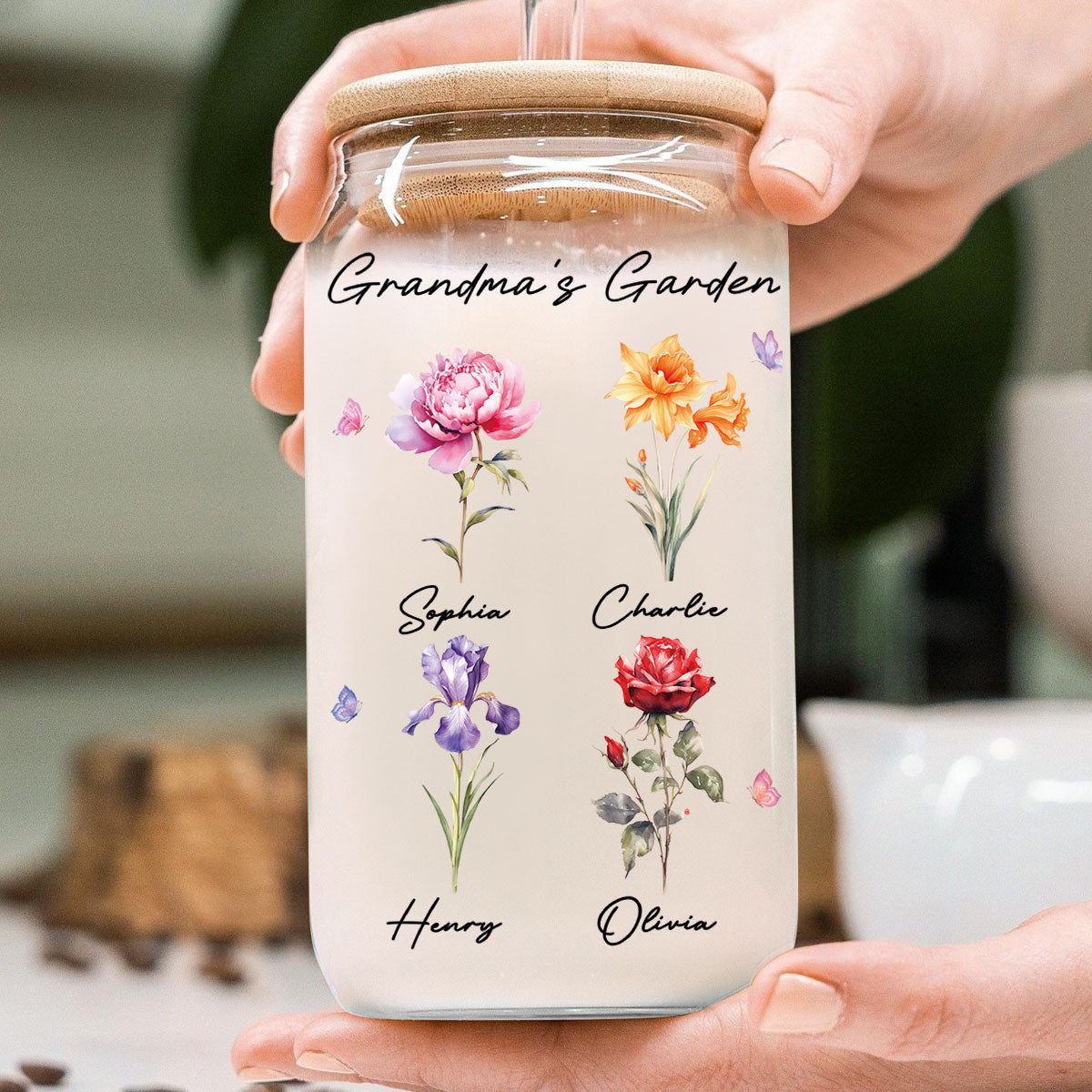 Grandma‘s Garden Beautiful Birth Month Flowers Mother‘s Day Birthday Gift For Grandma Mom Personalized Clear Glass Can