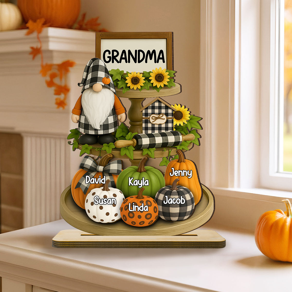 Grandma Mom Fall Season Tiered Tray 3D Effect Personalized Standing Wooden Plaque