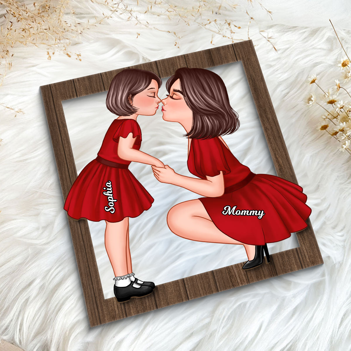 Mom And Kid Holding Hands Kissing Frame Personalized 2-layer Wooden Plaque