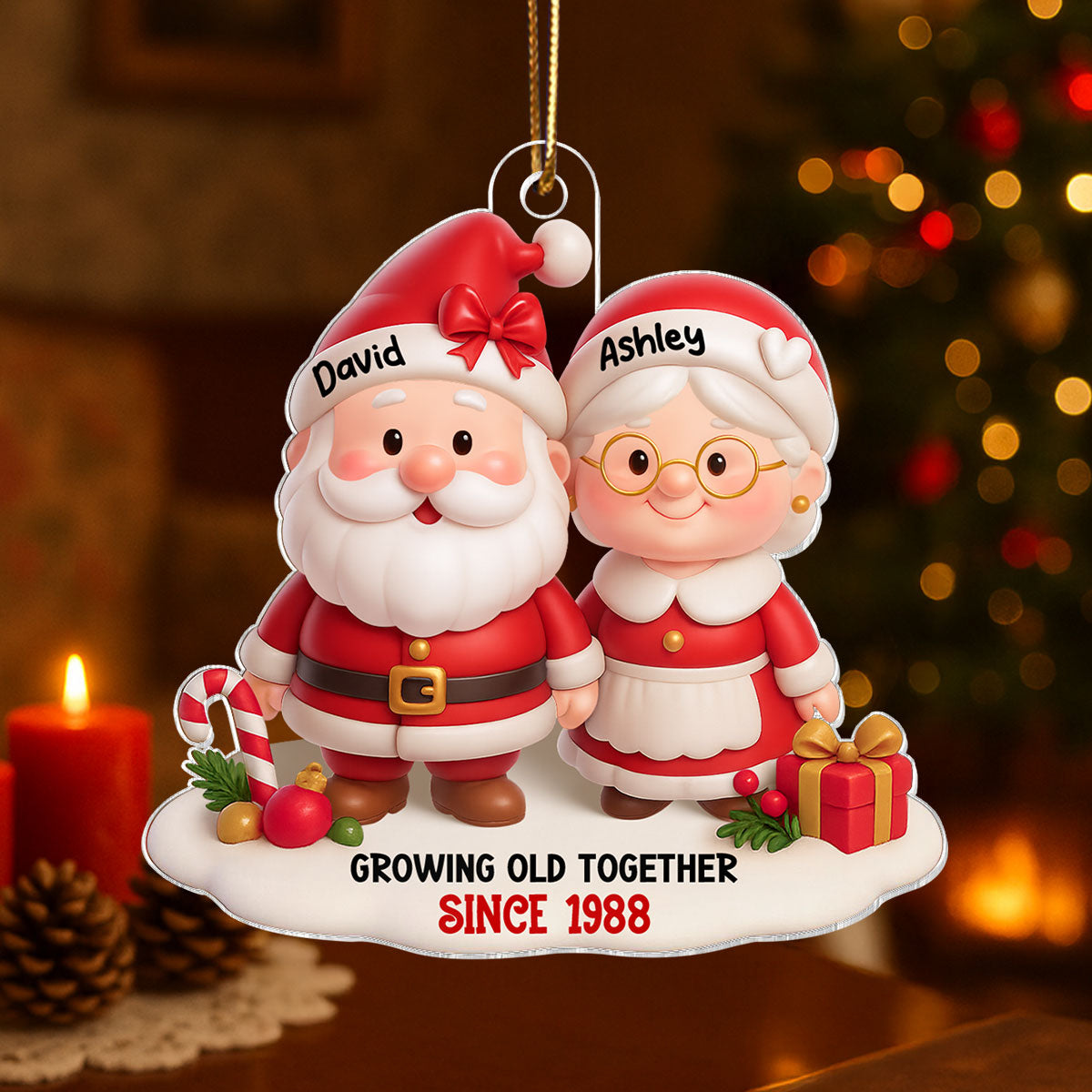 Santa Couple Growing Old Together - Personalized Acrylic Ornament - Gift for Him, Gift for Her