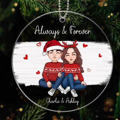 Watercolor Christmas Cute Couple Sitting Hugging Personalized Acrylic Ornament