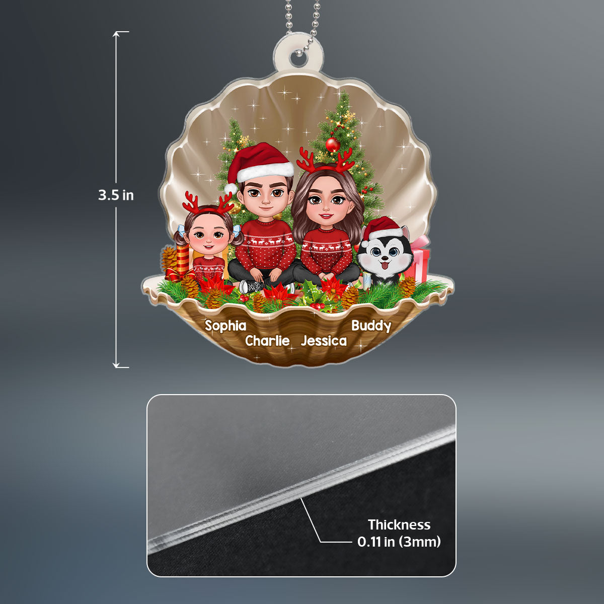 Christmas Pearl Shell Family Sitting Crossed Legs Personalized Acrylic Ornament