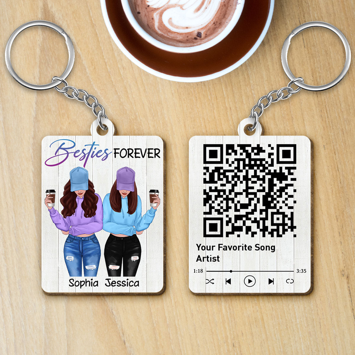 Front View Besties Favorite Song Scannable QR Code Personalized Wooden Keychain
