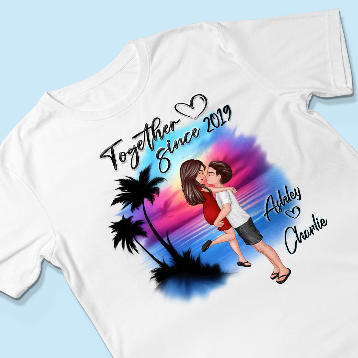 Couple Hugging Kissing Airbrushed Beach Scene Personalized Shirt