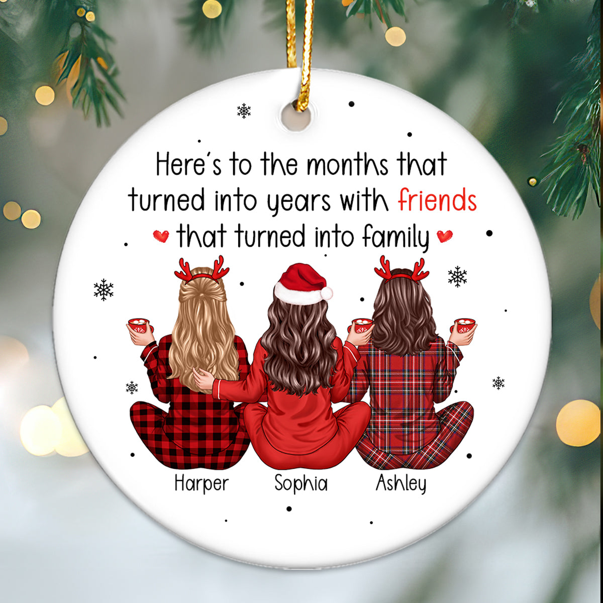 Back View Pajamas Besties Months Turned to Years, Friends Turned to Family Personalized Ceramic Ornament, Christmas Gift For Besties, Best Friends, BFF