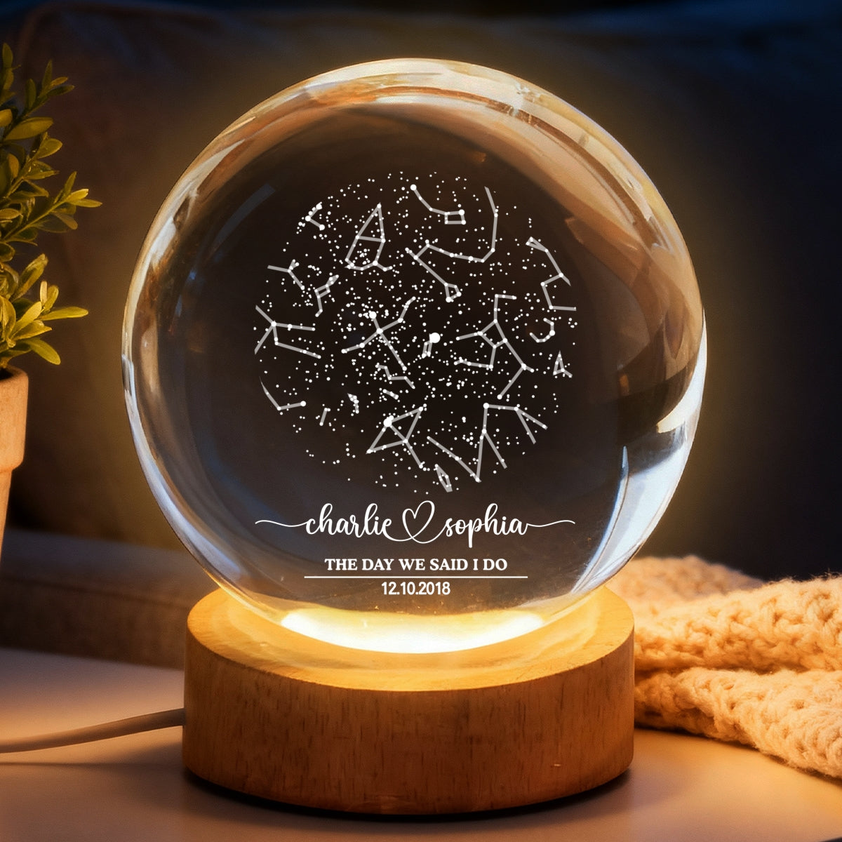 Custom Couple Star Map by Date Constellation - Personalized Crystal Ball Night Light - Heartfelt Anniversary Gift, Valentine's Day Gift for Her, for Him