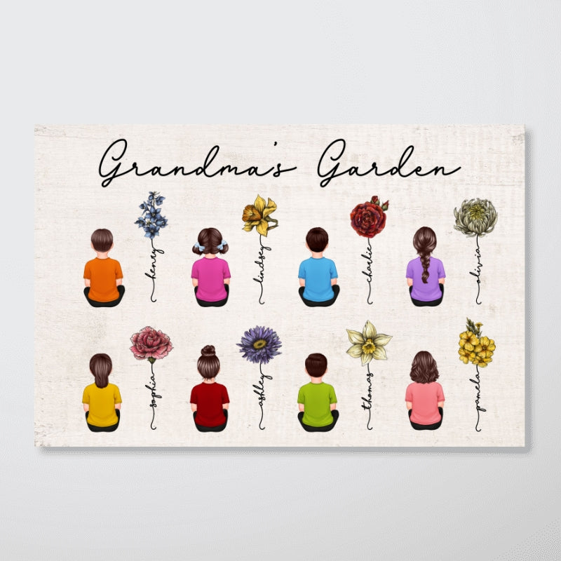 Grandkids Sitting Back View Grandma Garden Beautiful Vintage Birth Month Flowers Mother‘s Day Gift Personalized Horizontal Poster