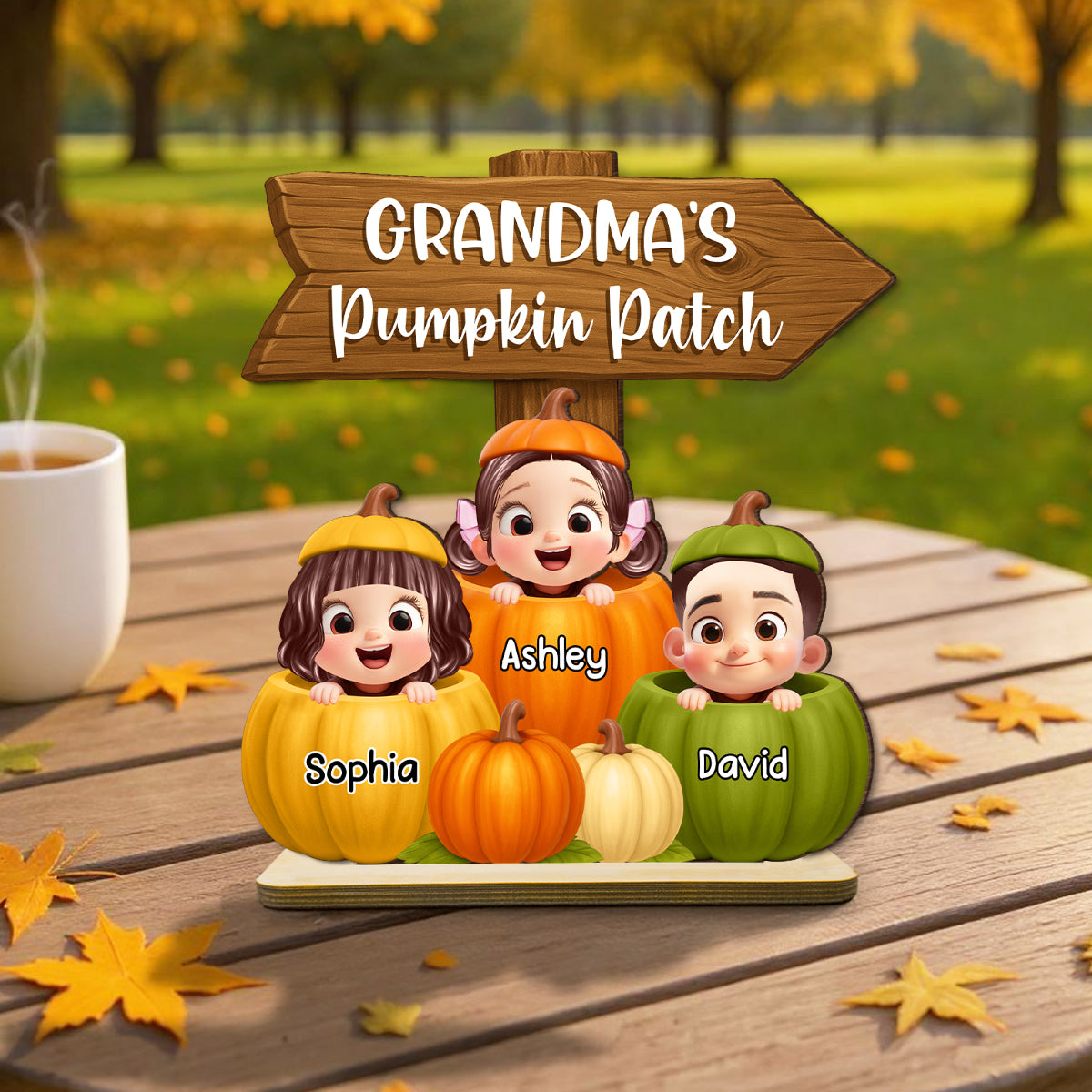 Grandma Pumpkin Patch Cute Grandkids Direction Sign 3D Effect Personalized Standing Wooden Plaque