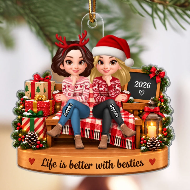 Christmas Besties Cozy Bench 2D Flat - Personalized Acrylic Ornament - Christmas Gift For Besties, Sisters