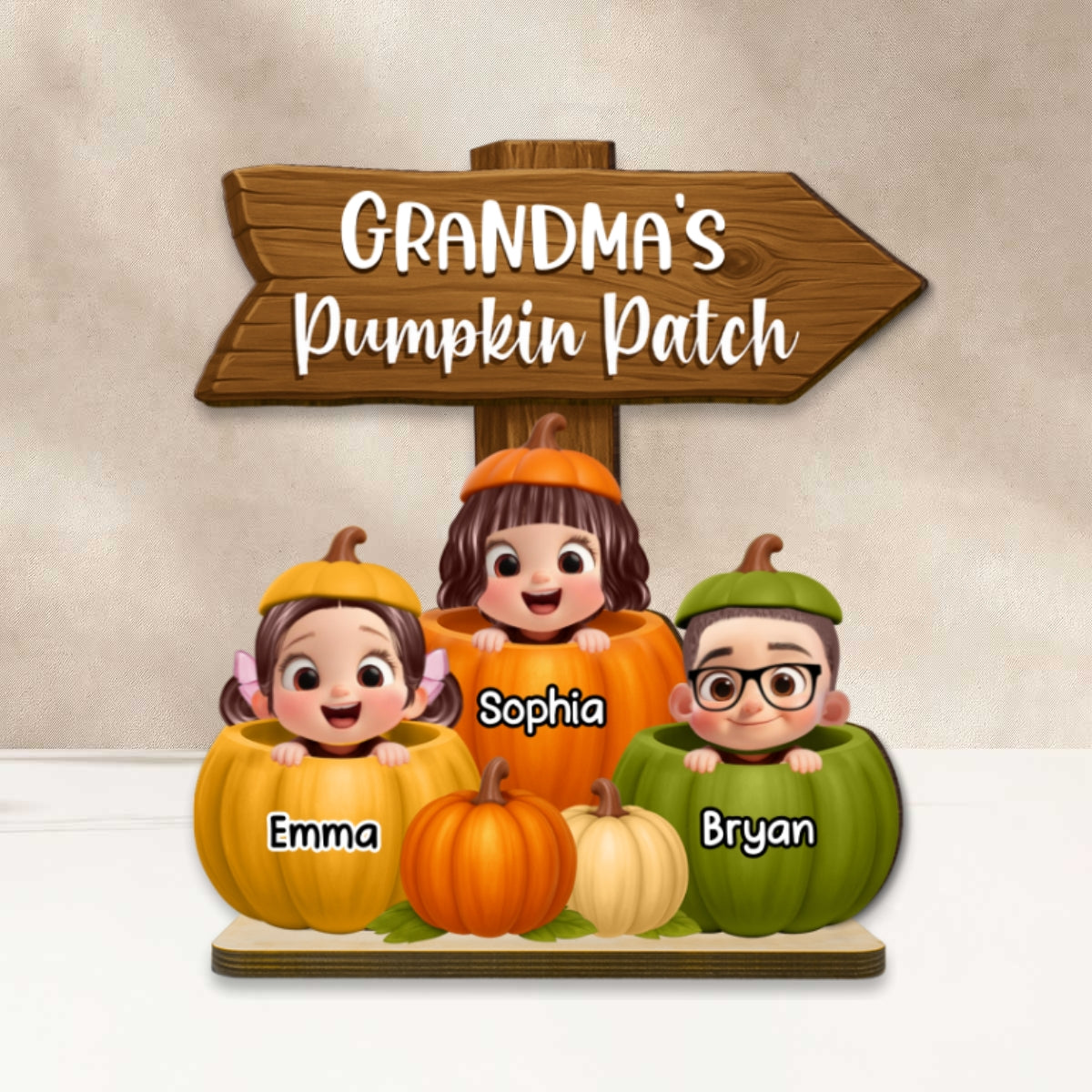 Grandma Pumpkin Patch Cute Grandkids Direction Sign 3D Effect Personalized Standing Wooden Plaque
