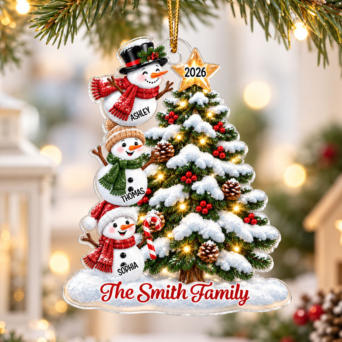 Snowman Family Grandkids Christmas Tree - Personalized Acrylic Ornament - Gift For Boys, Girls