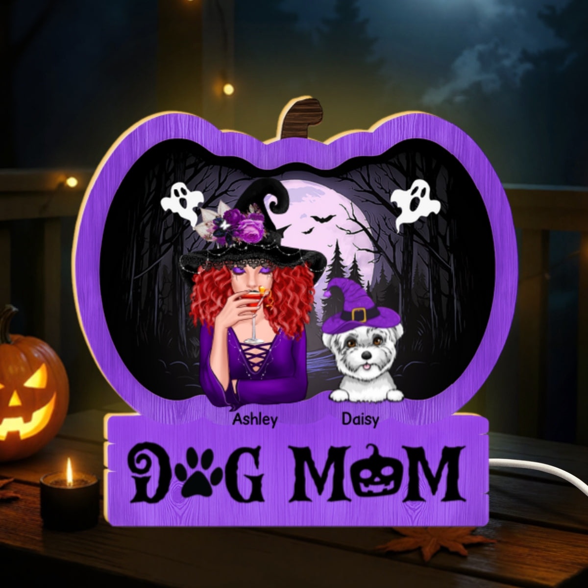 Halloween Dog Mom Personalized Light Box With 7 LED Colors, Spooky Halloween Decoration