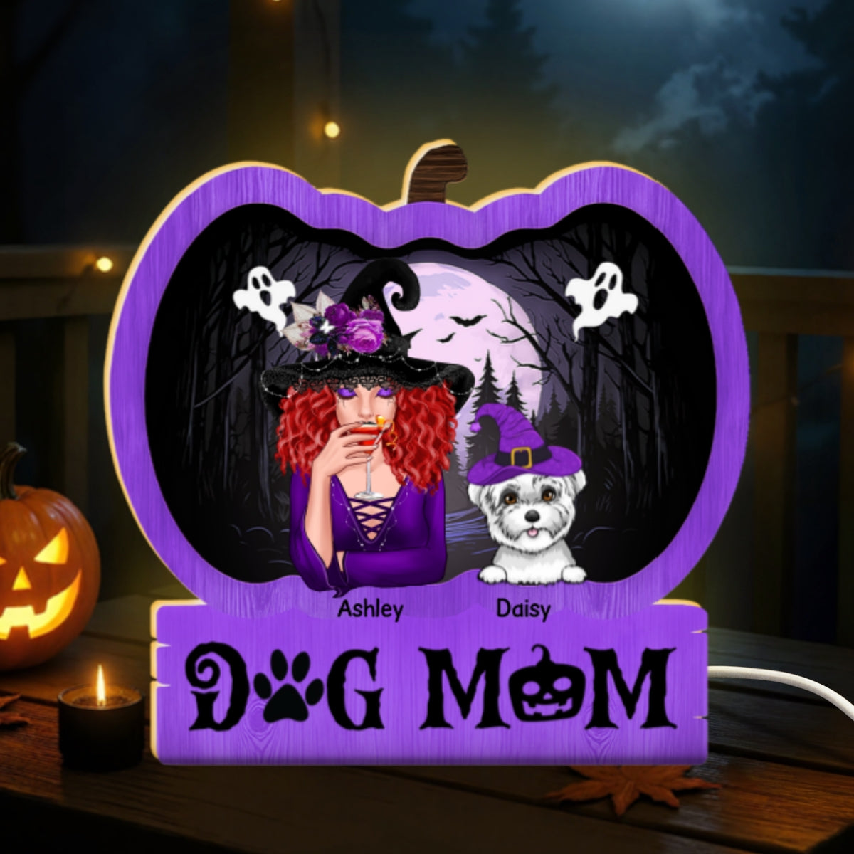 Halloween Dog Mom Personalized Light Box With 7 LED Colors, Spooky Halloween Decoration