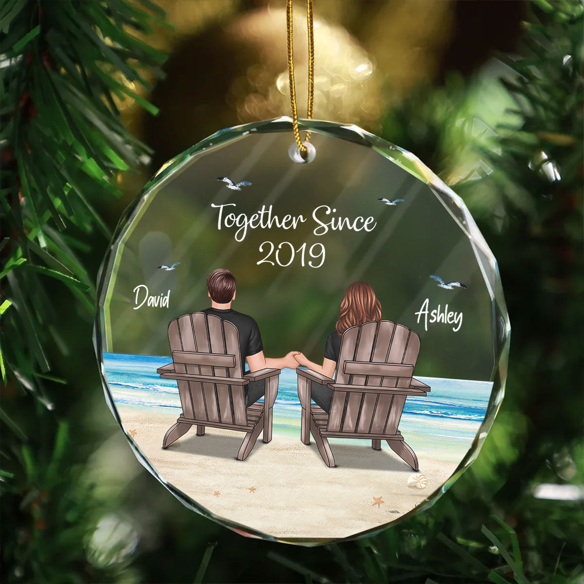 Couple Sitting Eternal Sunset Beach Personalized Circle Glass Ornament, Heartfelt Christmas Gift For Girlfriend, For Wife
