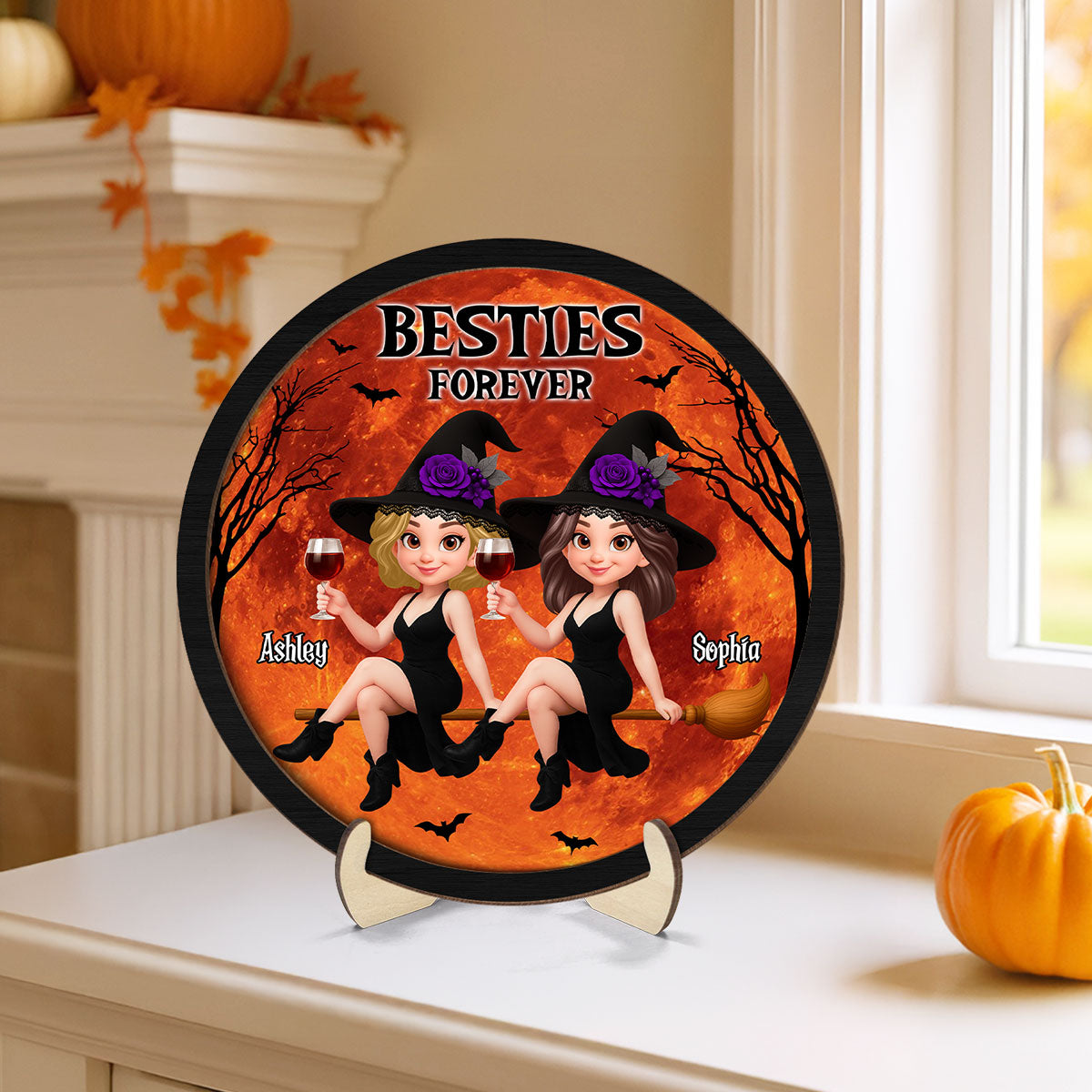 Halloween Witch Besties On Broom Personalized 2-Layer Wooden Plaque, Halloween Gift