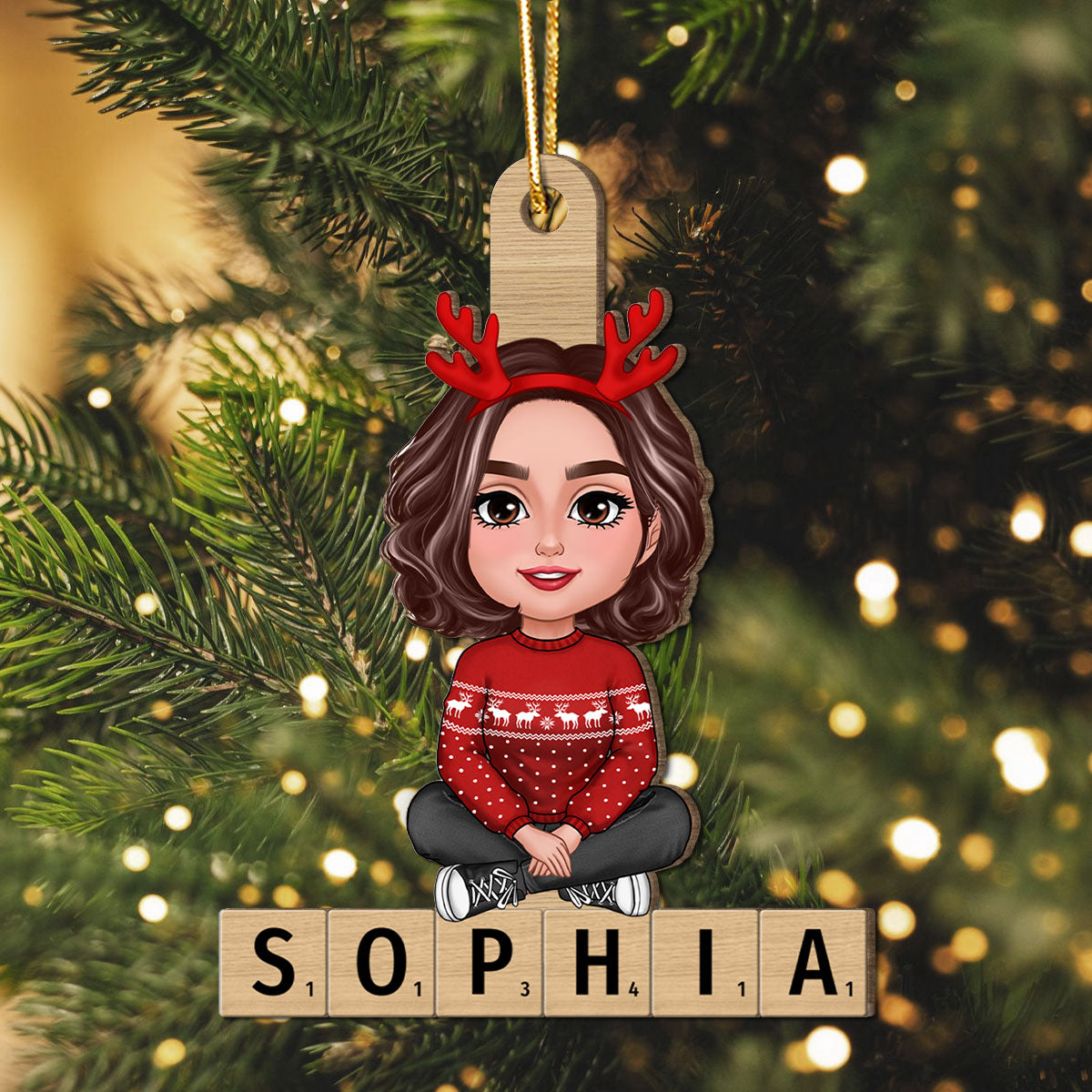 Family Member Sitting On Name Unique Christmas Gift Personalized Wooden Ornament