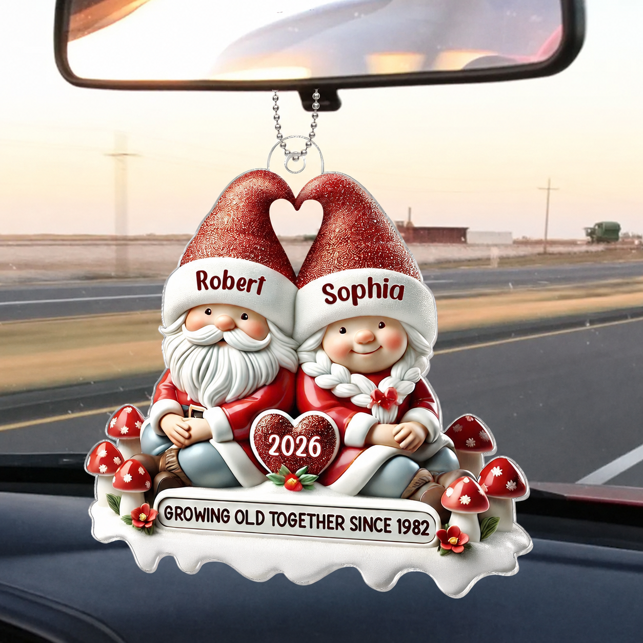 3D Effect Gnome Couple Personalized Acrylic Car Hanger Ornament, Valentine's Gift For Him, For Her, Husband, Wife