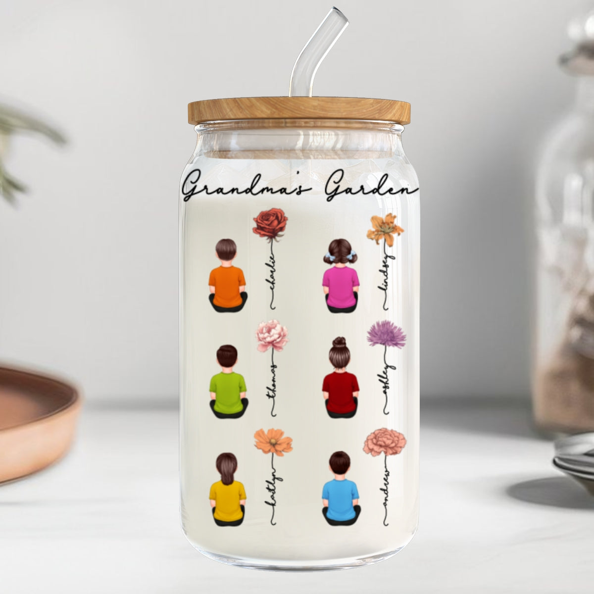 Grandkids Sitting Grandma Garden Vintage Birth Month Flowers Personalized Clear Glass Can
