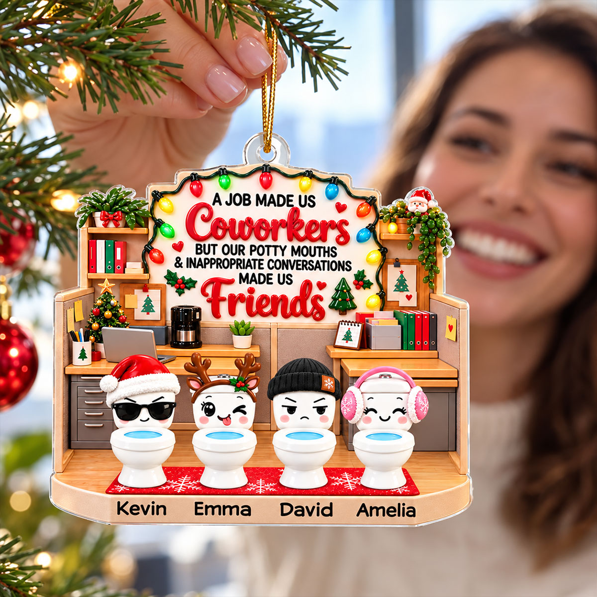 Jobs Made Us Coworkers Funny Office Potty Mouth - Personalized Acrylic Ornament – Christmas Gift for Coworkers, White Elephant Gift