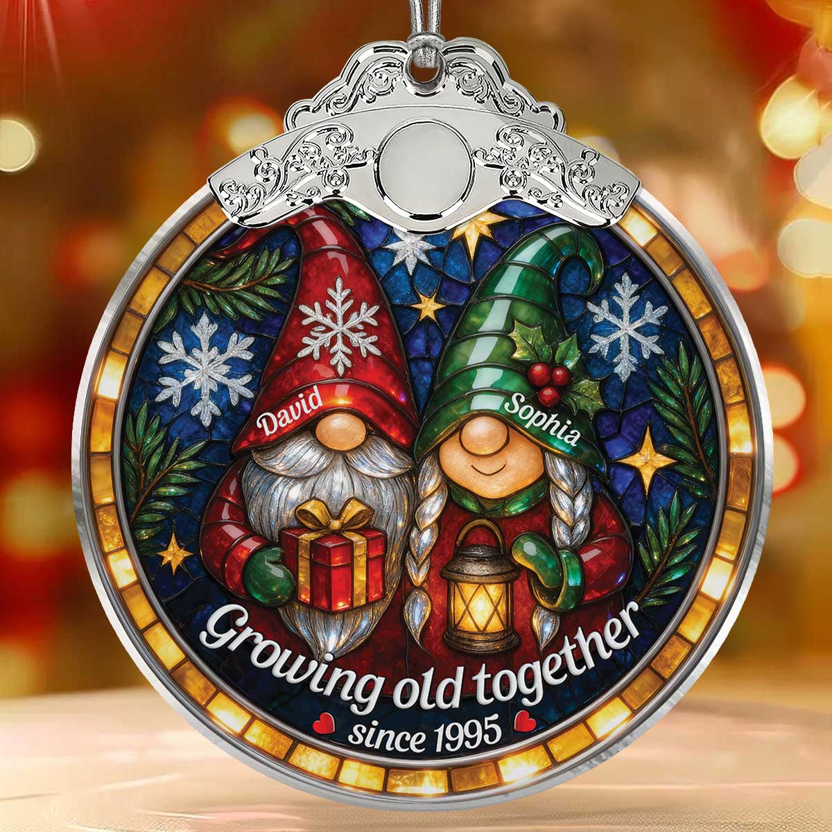 Retro Vintage Gnome Couple Growing Old Together Stained Glass Style - Personalized Glass Ornament With Silver Cap