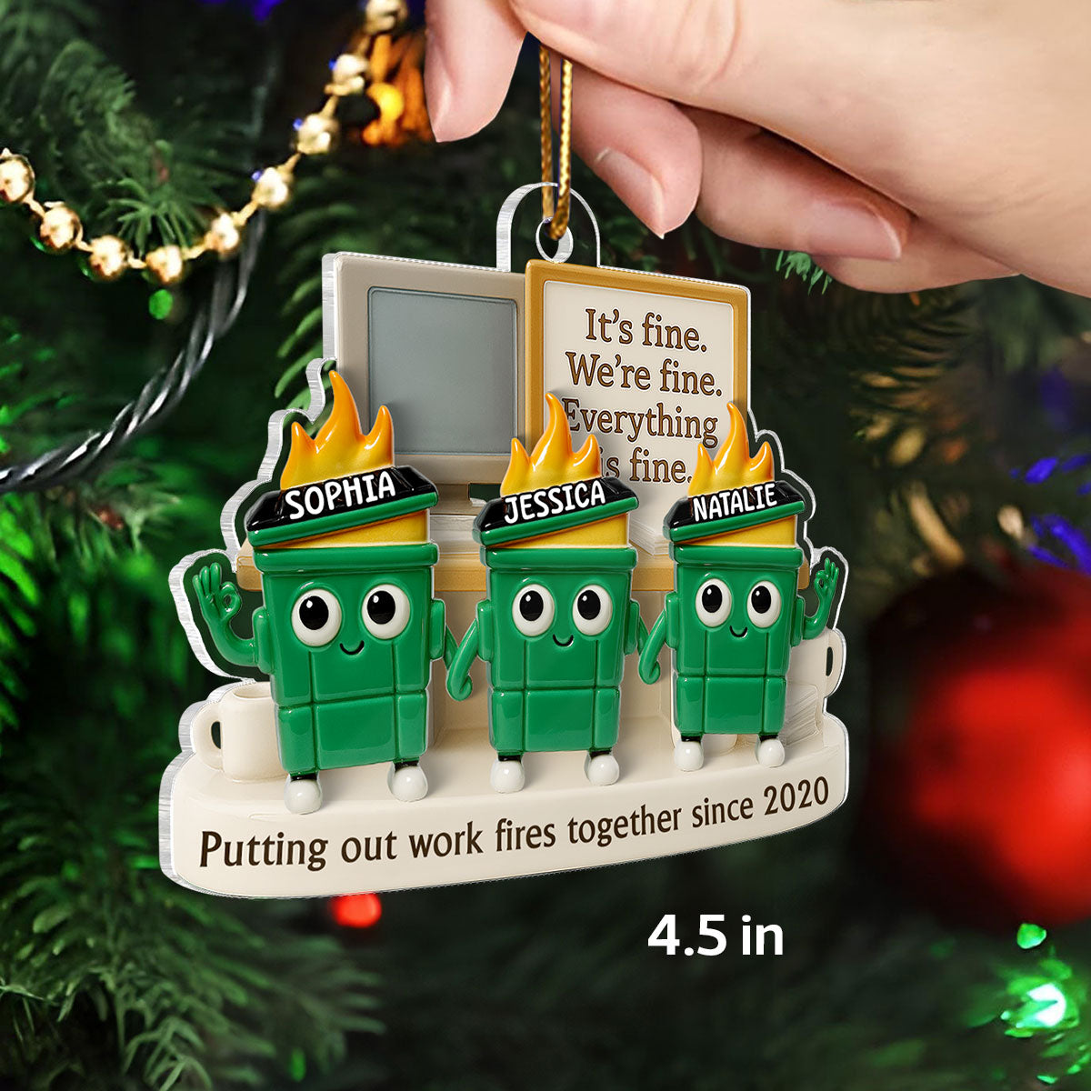 3D Effect Dumpster Fires Putting Out Work Fires Together - Personalized Acrylic Ornament - Funny Gift For Colleagues, Work Besties