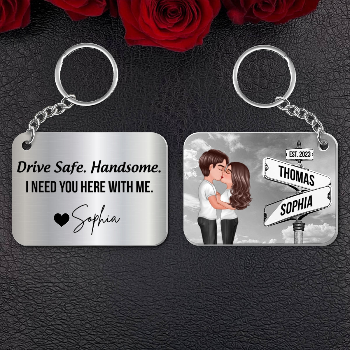Drive Safe Couple Kissing Vintage Crossroads Street Sign Personalized Metal Keychain, Anniversary  Gift For Him, Boyfriend, Husband