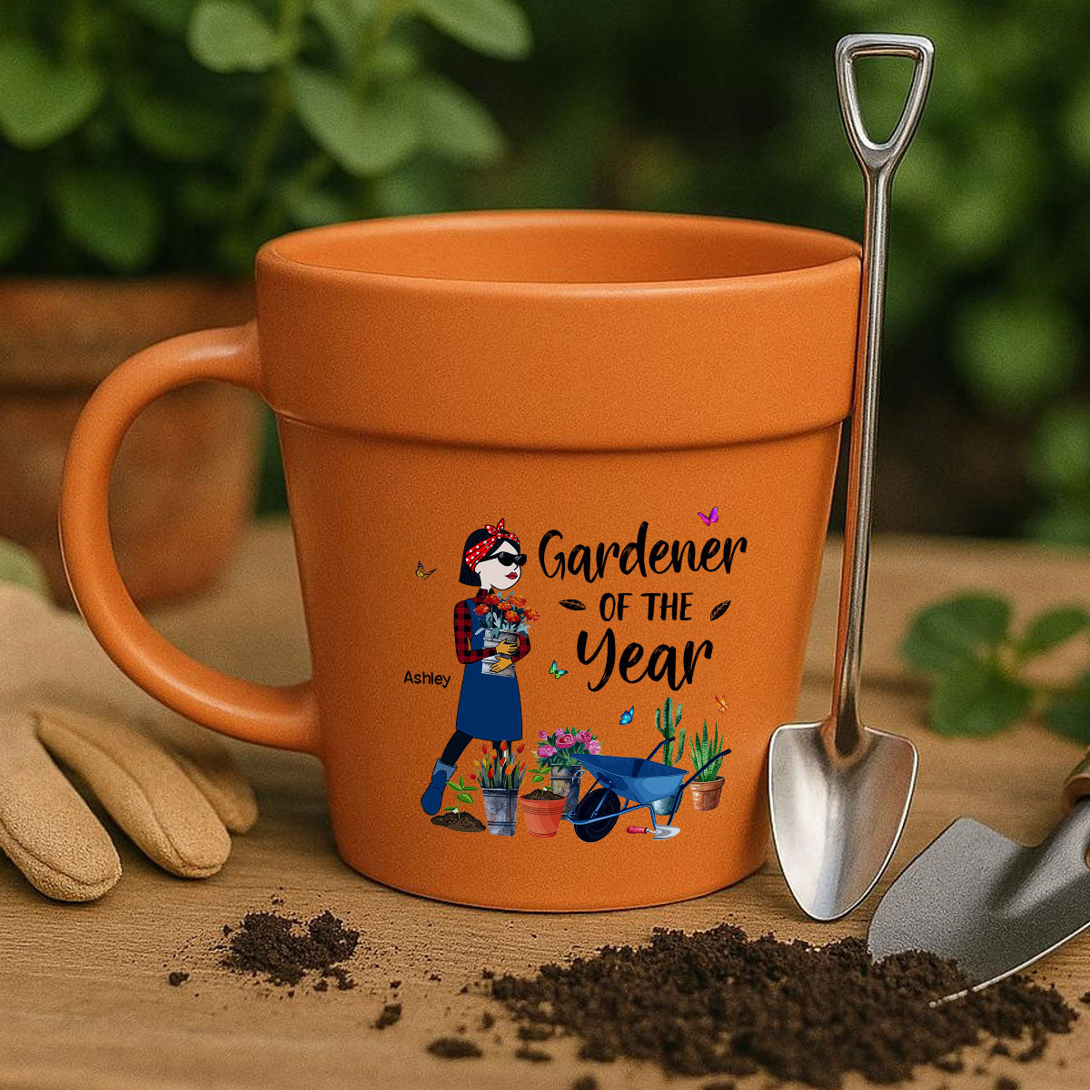 Gardener Of The Year Funny Cartoon Plant Lady Personalized Plant Pot Ceramic Mug