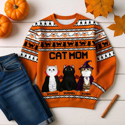 Halloween Fall Cozy Vibe Cat Mom Pattern Personalized Sweatshirt, Unique Gift For Cat Mom