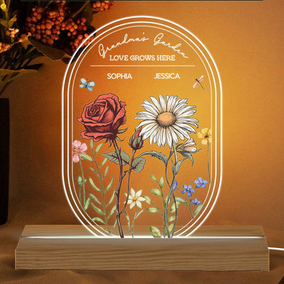 Personalized Birth Month Flowers Grandma's Garden Oval Shaped Acrylic Night Light, Gift for Mom, for Grandma