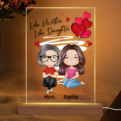 Red Hearts Like Mother Like Daughters Watercolor Style Women Sitting Gift For Mom Daughters Personalized Rectangle Acrylic Plaque LED Night Light