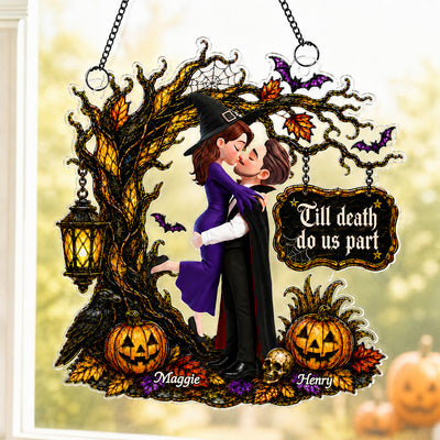 Couple Hugging Under Spooky Halloween Tree 2D Flat - Personalized Acrylic Window Hanger - Halloween Decor For Couple