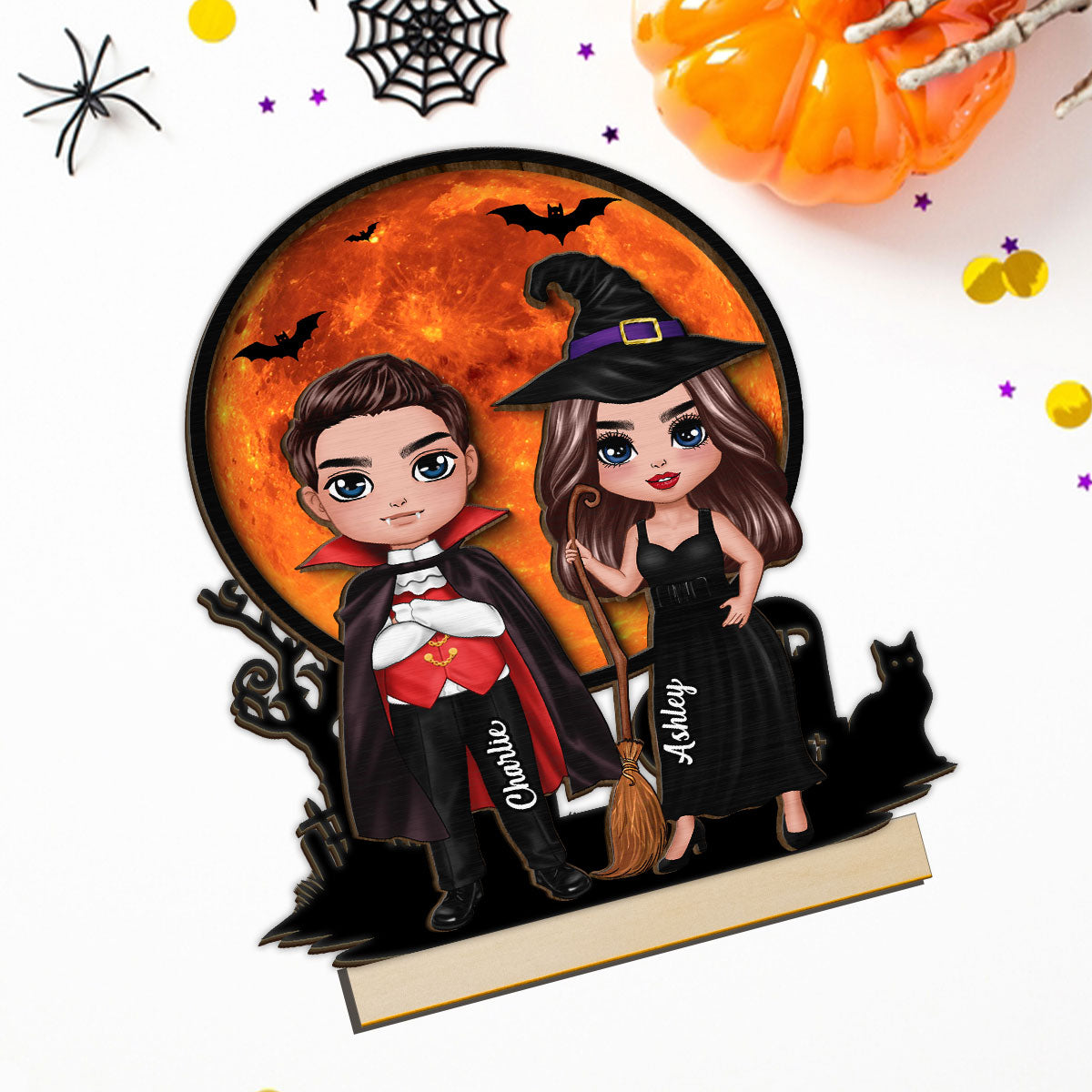 Couple Under Halloween Moon Tabletop Tier Tray Decor Personalized 2-Layer Standing Wooden Plaque