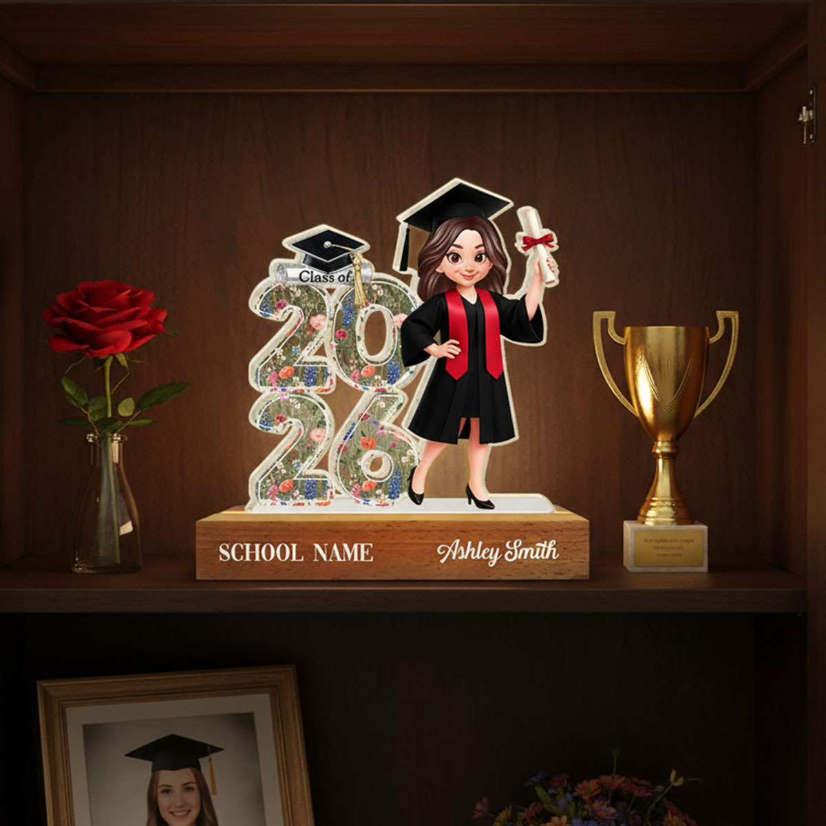 Class Of 2026 2027 Senior Floral - Personalized Acrylic Block LED Night Light - Graduation Gift For Graduates, Daughter
