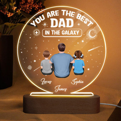 Best Dad In The Galaxy Back View Man Sitting With Kids Dogs Cats Personalized Personalized Circle Acrylic Plaque LED Night Light