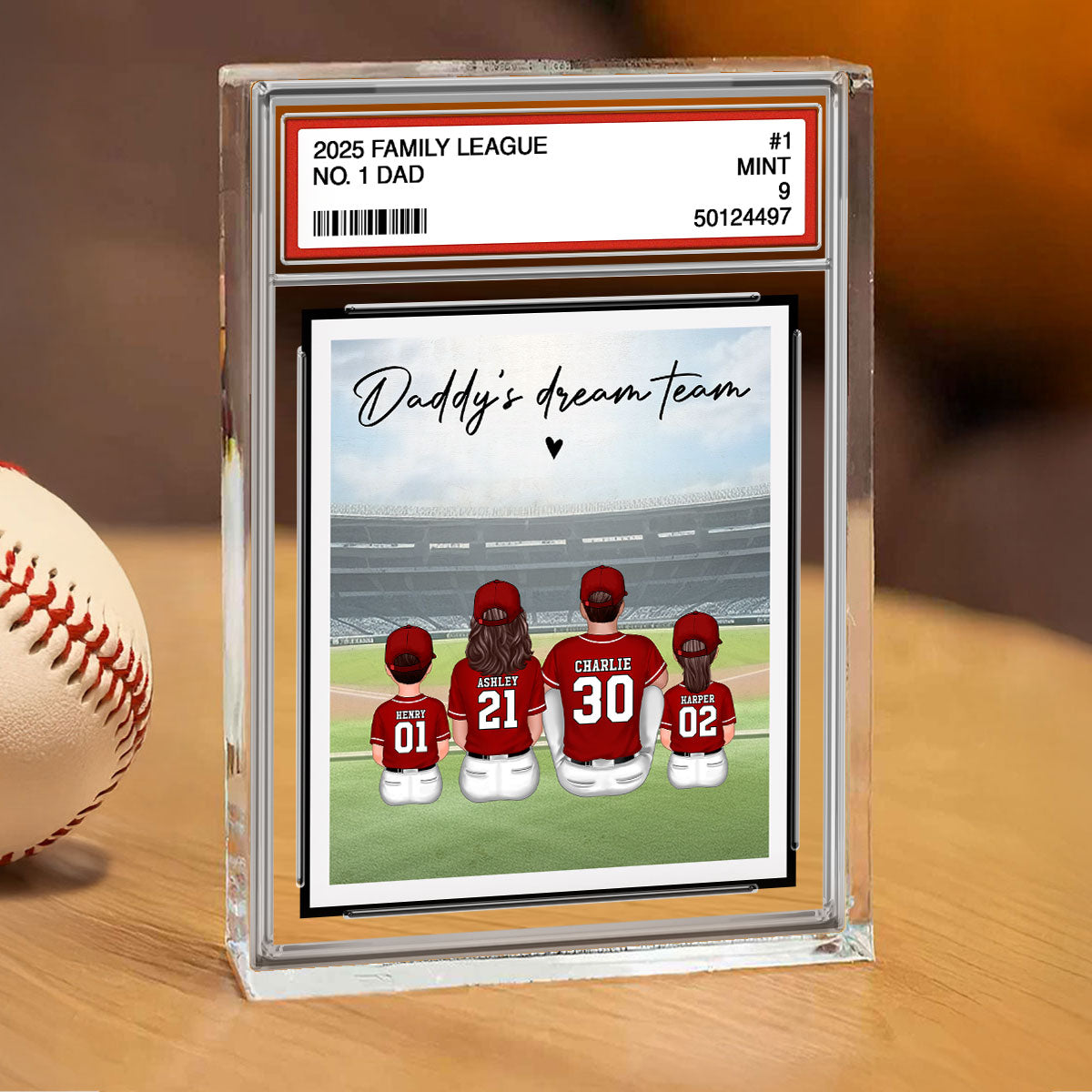 Baseball No. 1 Dad Man & Kids Sitting Trading Card Style - Personalized Acrylic Block Plaque