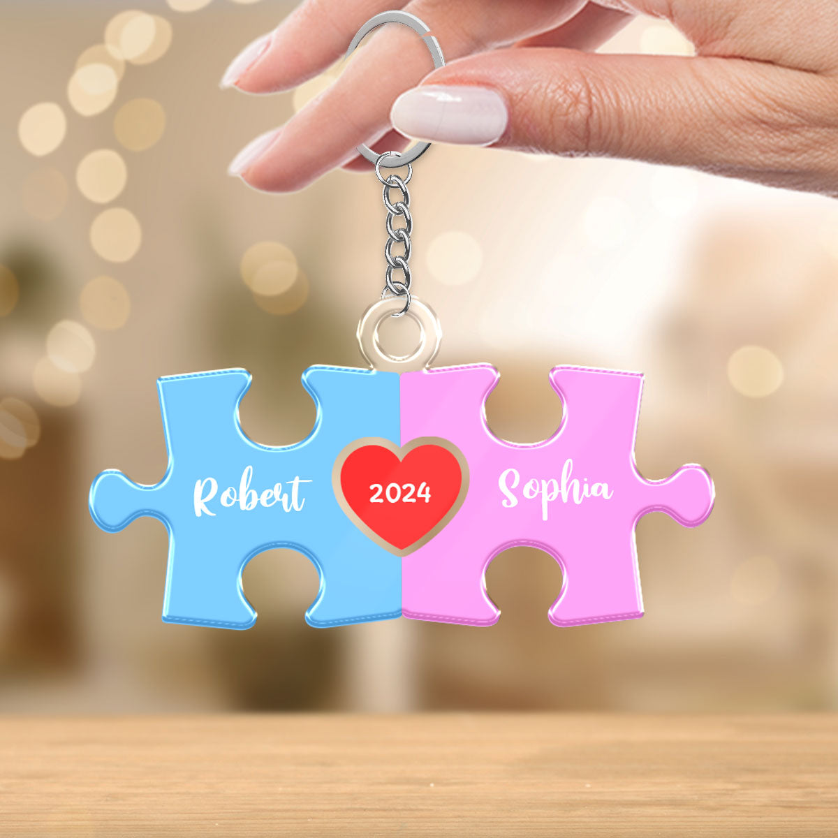 Love Is The Piece That Holds Us Together Acrylic Keychain, Personalize Couple Puzzle Name Sign,  Gift For Him, For Her, Wedding Gift