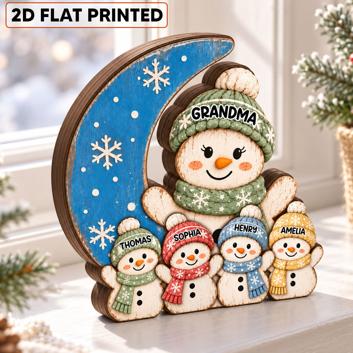 Cozy Rustic Christmas Vibe Grandma Grandkids On Moon - Personalized Wooden Block Plaque - Christmas Decor For Grandparents