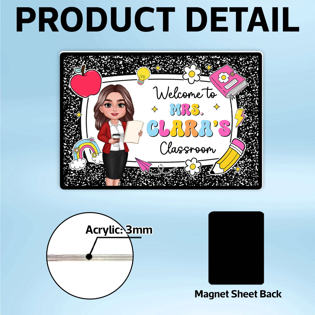 Teacher Composition Book Pattern Personalized Acrylic Whiteboard Magnet, Classroom Decor